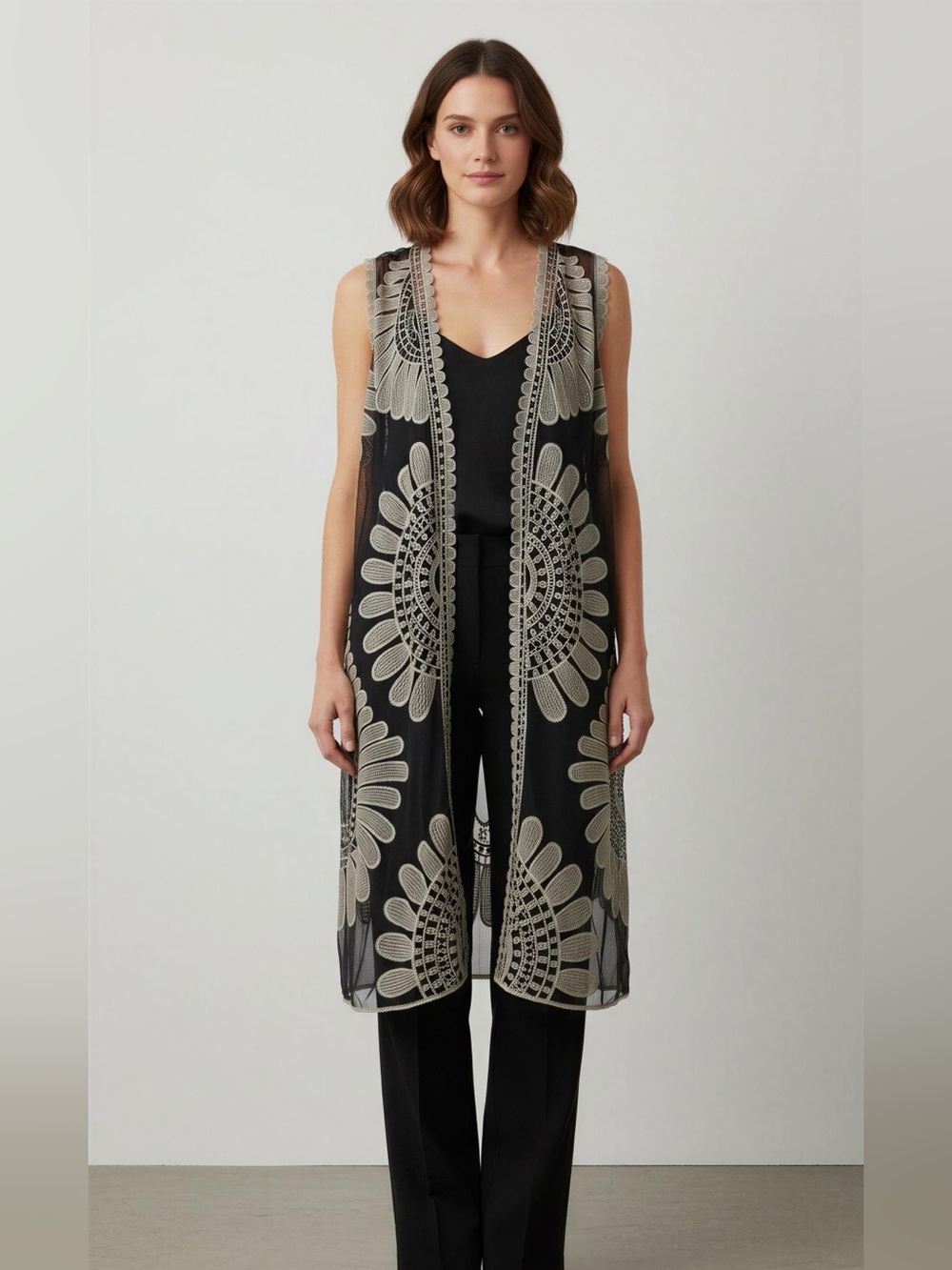 Amber Skies‎ black/gold floral embroidered sheer mesh kimono cardigan cover-up